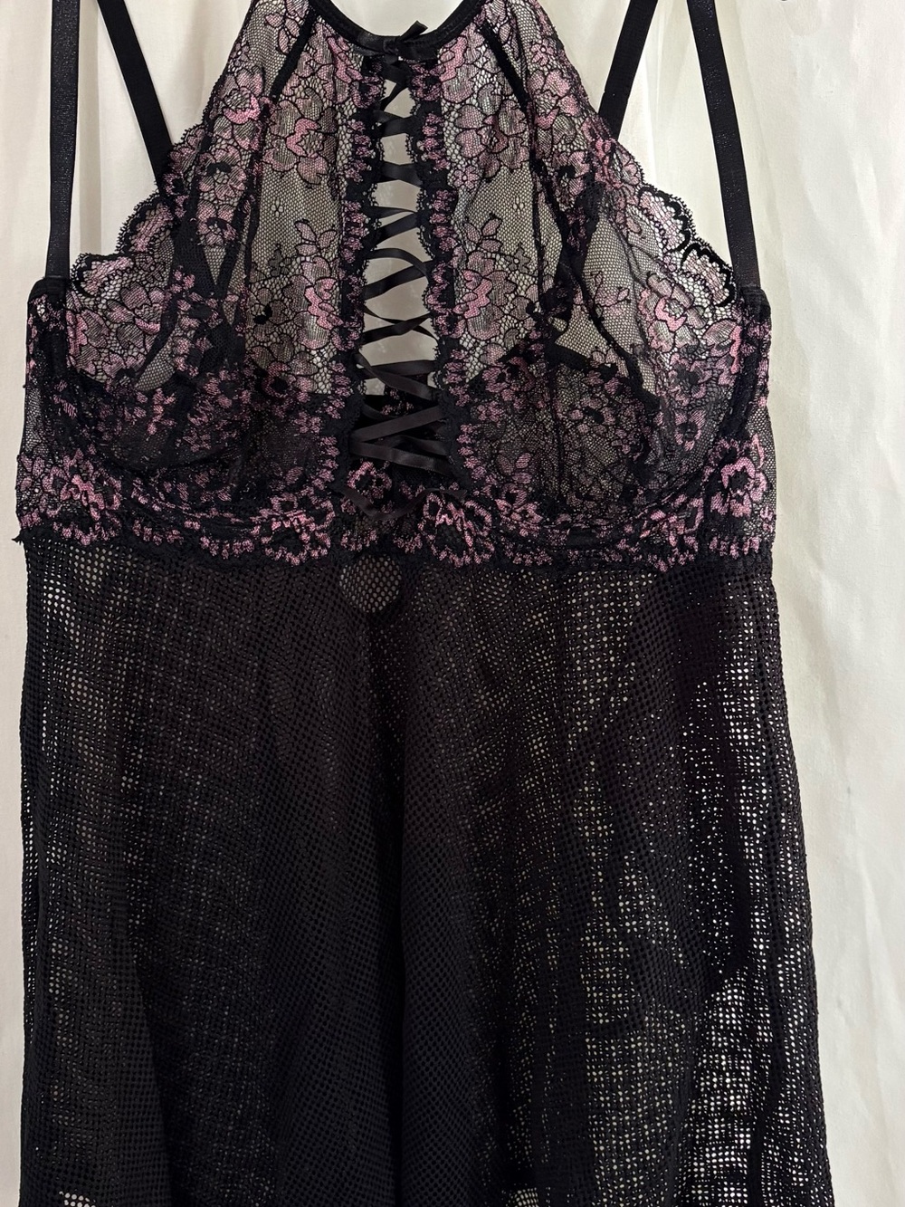 Sheer Lace Chemise Nightdress with Pink Floral Embroidery